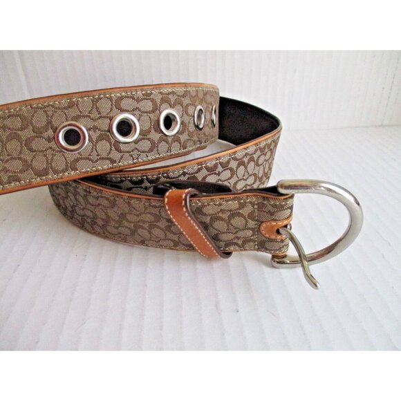 *COACH Brown Tan Belt Small Canvas LOGO D-Ring Silver Buckle - Large - Picture 3 of 7
